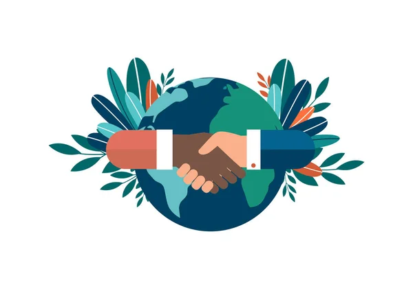 Vector illustration of hands of different nationalities, successful partnership and cooperation, contracting. Friendship all over the world. isolated white background. — Stock Vector