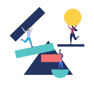 Düz insanların vektör çizimi. Bir grup insan soyut geometrik bulmacalar topluyor. Semboller geometrik şekiller toplar. Web sayfası, broşür, poster için düz stil modern tasarım vektör çizimi