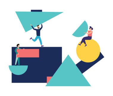 Düz insanların vektör çizimi. Bir grup insan soyut geometrik bulmacalar topluyor. Semboller geometrik şekiller toplar. Web sayfası, broşür, poster için düz stil modern tasarım vektör çizimi