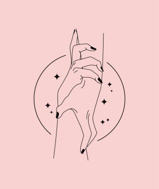 Vector logo and branding design template in linear style - hands and stars, heart abstract symbol for cosmetics and packaging, jewelry, tattoo design or stickers in modern minimal style