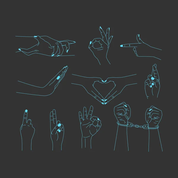 Conjunto vectorial de plantillas de diseño de logotipo abstracto en estilo lineal simple - manos en diferentes gestos. Plantillas de moda para cosméticos y envases, diseño de tatuajes o pegatinas. Fondo aislado — Archivo Imágenes Vectoriales
