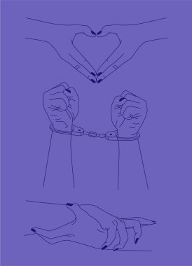 Vector set of abstract logo design templates in simple linear style - hands in different gestures - heart made by hands, okay gesture, hands in shackles, crossed fingers in minimalism