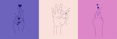 Vector set of abstract logo design templates in simple linear style - hands in different gestures - heart made by hands, okay gesture, hands in shackles, crossed fingers in minimalism