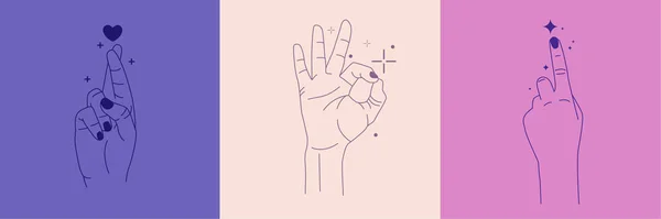 Wektorowy zestaw abstrakcyjnych szablonów projektu logo w prostym stylu liniowym - dłonie w różnych gestach - serce wykonane rękami, ok gest, ręce w kajdankach, skrzyżowane palce w minimalizmie — Wektor stockowy