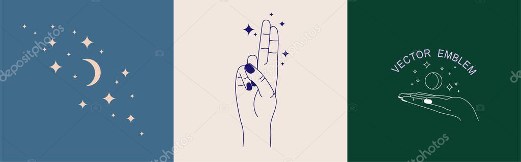 Vector set of abstract logo design templates in simple linear style - hands gestures - hands in shackles, crossed fingers, magic key, moon and dawn in minimalism.