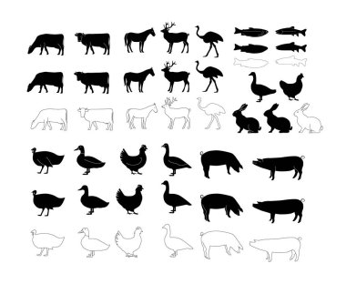 Sığırların, çiftlik hayvanlarının at, geyik ve balıkların vektör silueti. izole arkaplan.