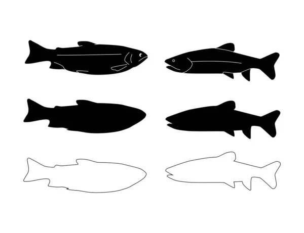 Conjunto vectorial de siluetas de peces. Fondo aislado de trucha . — Vector de stock