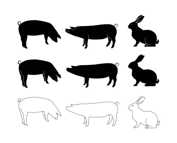 Vector set of realistic silhouettes of pigs and hare. Linear drawing isolated background. — Stock Vector