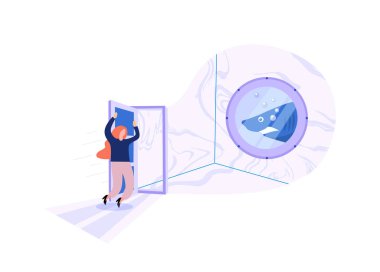 Sanal gerçeklik kavramı. Gelecekteki teknolojiler. Bir kız sihirli dünyaya bakmak için odaya uçuyor. Vay!.