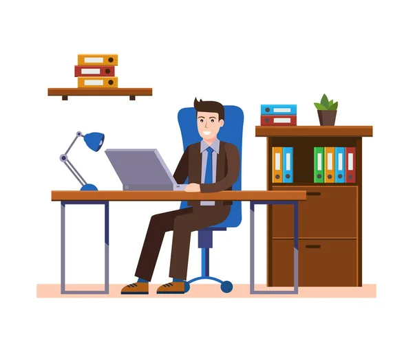 Man Working Computer Laptop Flat Design Businessman Man Table Character — Stock Vector