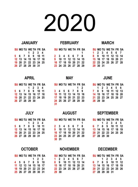 Kalender 2020 2021 Vektorillustration Veckan Börjar Söndag Isolerad Bakgrund Mall — Stock vektor