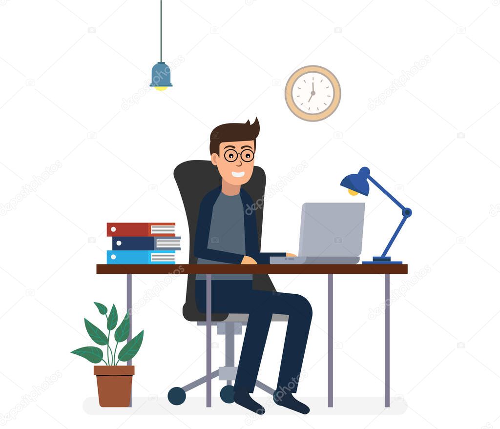 Man working with computer laptop flat design. businessman man at table, character work manager vector illustration.