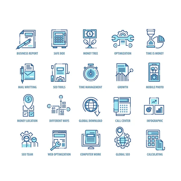 Ícones de linha fina modernos definidos para negócios — Vetor de Stock