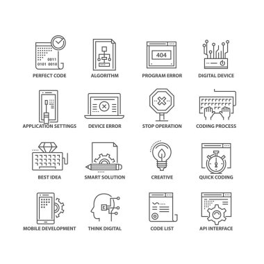 İnce çizgi izole siyah simgeler kodlama düz