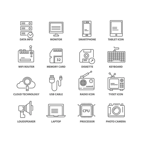 Dunne lijn flat technologie geïsoleerd zwarte pictogrammen — Stockvector