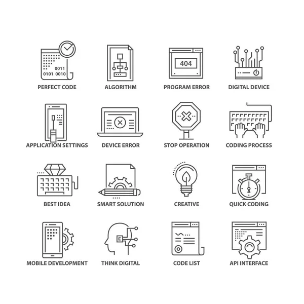 Linha fina codificação plana ícones pretos isolados — Vetor de Stock