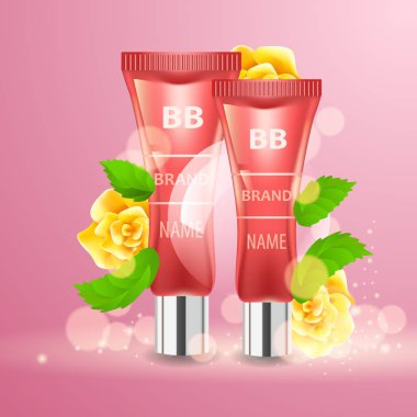 Doğal elemanları ile vektör gerçekçi Kozmetik Şişeler.