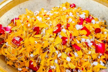 Suyun üstüne küller serpmek için renkli taç yaprakları, suyun üzerine gömme töreni