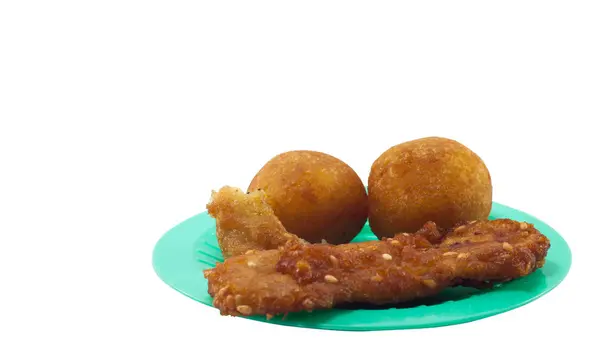 Brown Fried Bananas and deep-fried sweet potato balls on dish — Stock Photo, Image