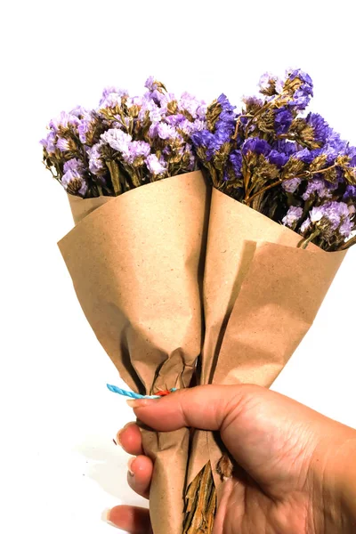 Close Two Brown Bouquet Purple Statice Dry Flower Hand White — Stock Photo, Image