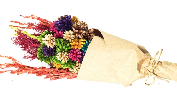 Closeup Brown Bouquet Colorful Dry Flower White Background — Stock Photo, Image