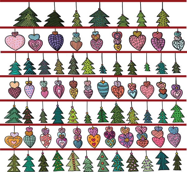 Vettore della collezione albero di Natale e cuore decorare illustrat — Vettoriale Stock