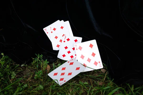 Yedi tef kağıdının kartları yaz yeşili çimenlere saçılmıştır. Doğada eğlenceli bir yaz oyunu.