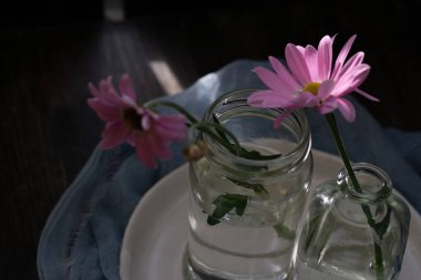 Narin papatya çiçekleriyle dolu bir hayat. Pembe taçyaprakları olan, koyu ahşap bir arka planda. Mutfak havlusu olan..