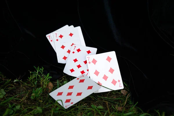 Playing Cards Seven Tambourines Scattered Grass Dark Black Background Interrupted — Stock Photo, Image