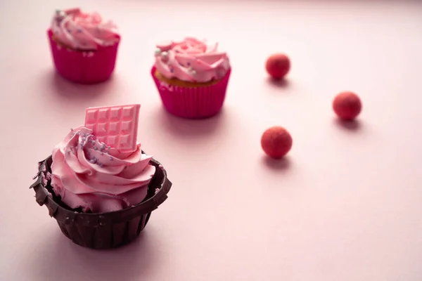 Delicate Desserts Pink Surface Decorated Felt Balls Butter Cream Delicious — Stock Photo, Image