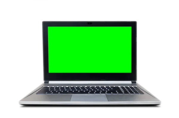 Vista Frontal Laptop Cinza Preto Isolado Com Tela Verde — Fotografia de Stock