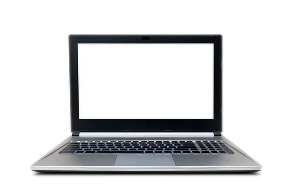 Vista Frontal Isolado Laptop Cinza Preto Sem Teclado Sinal — Fotografia de Stock
