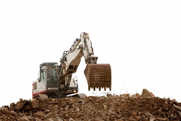 铲斗在砾石白色背景下的挖掘机 — 图库照片