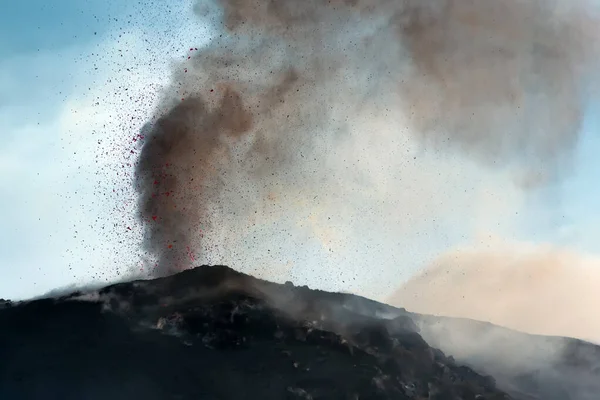 explosive eruption with projections of magma and smoke  in one of the three craters of the active stromboli volcano, aeolian islands, italy.