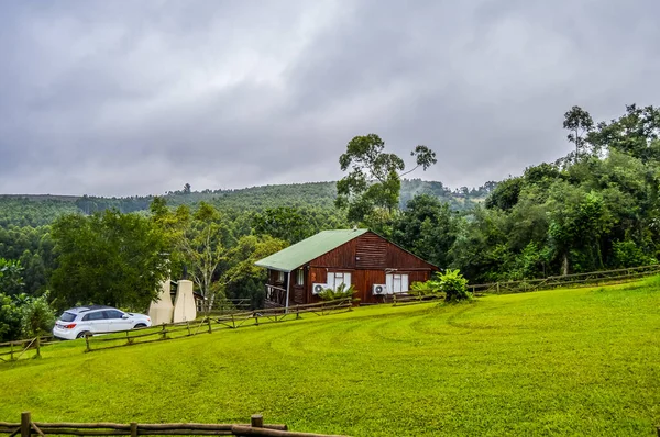 Sabie Güney Afrika 'da yerel çam ormanlarına ve yeşil bahçeye bakan güzel bir ahşap kulübe.