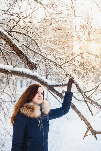 Dívka evropského vzhledu na procházce v zimním lese, Park, zima a sníh, zdraví, zimní oblečení, bunda — Stock fotografie