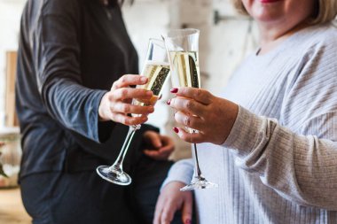 Şampanya kadehleriyle insanların elleri, bayramı kutlamak, selam vermek, bayram ve doğum gününü kutlamak.