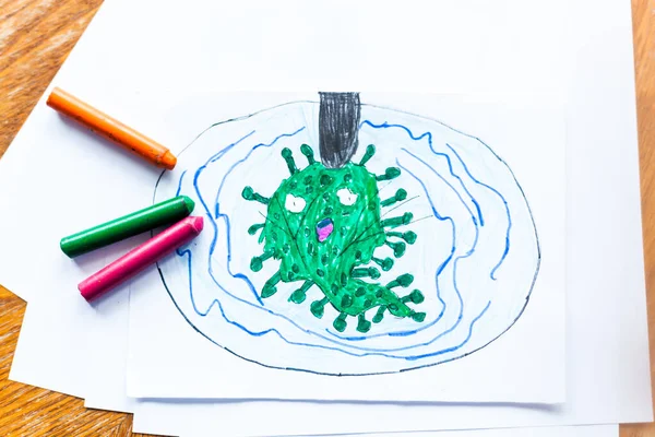 children\'s drawing coronavirus many viruses attack the human body crayons, colored pencils, children\'s creativity, creating crafts, home decoration, time with children, skill development, school, home