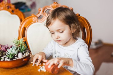 Masada oturan küçük bir kız, bitkiler, sulu saksılar, kaktüsler, içine bitki, ev ve ofis dekorasyonu ve peyzaj, evdeki tropikal alanlar.