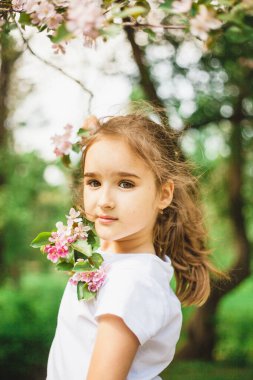 Çiçek açan elma ağacının bahar dalları, güzellik ve gençlik, çiçek açan dallardaki portre, ağaçlar, parkta yürümek, dinlenmek.