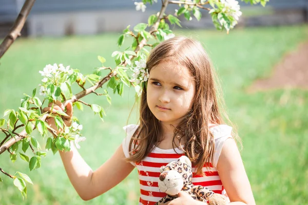 Dziewczyna Stoi Obok Kwitnącej Gałęzi Jabłoni Piękno Natury Ogród Czerwona — Zdjęcie stockowe