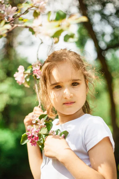 Niña Ramas Primavera Manzano Floreciente Belleza Juventud Retrato Ramas Florecientes —  Fotos de Stock