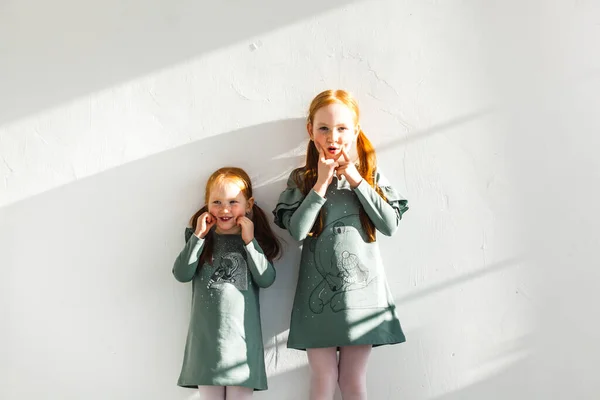 Маленькая Девочка Рыжими Волосами Обнимает Свою Сестру Шепчет Ухо Секрет — стоковое фото