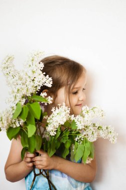 Beyaz arka planda küçük bir kız duruyor ve elinde leylak dalları, çiçek açan kurst, leylak, bahar ve yaz