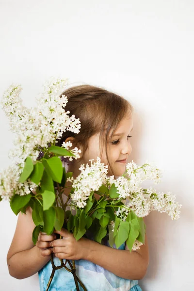 Uma Menina Fundo Branco Fica Mantém Ramos Lilás Kurst Florescendo — Fotografia de Stock