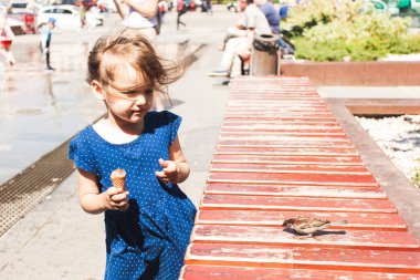 Küçük bir kız kuşa, serçeye, hayvanlara ve çocuklara, dondurmaya, şehre ve yaza ekmek veriyor.