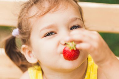 Çilek, böğürtlen ve yaz, lezzetli sulu ve mis kokulu çilekler, yemek, çocuklar ve vitaminler, içecekler ve smoothiler, çocuklar yer, neşe, iletişim, kız kardeşler