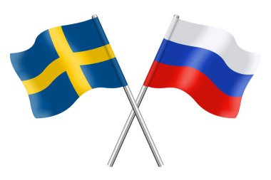İsveç ve Rusya 'nın 3D bayrakları beyaz arka planda izole edildi