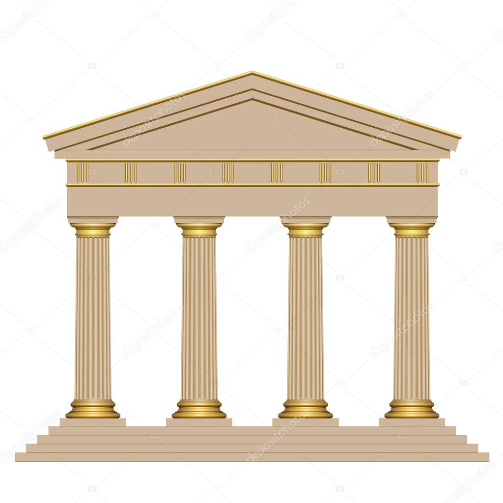 Ancient temple with four columns isolated on white background 