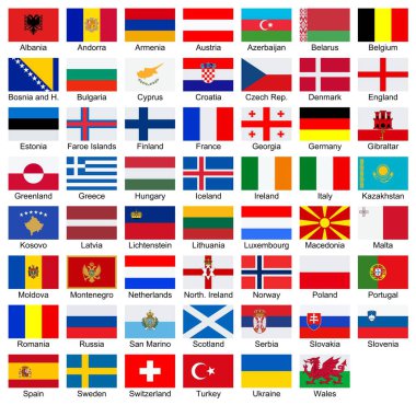 Beyaz arkaplanda alfabetik sırada Avrupa vektör bayrakları
